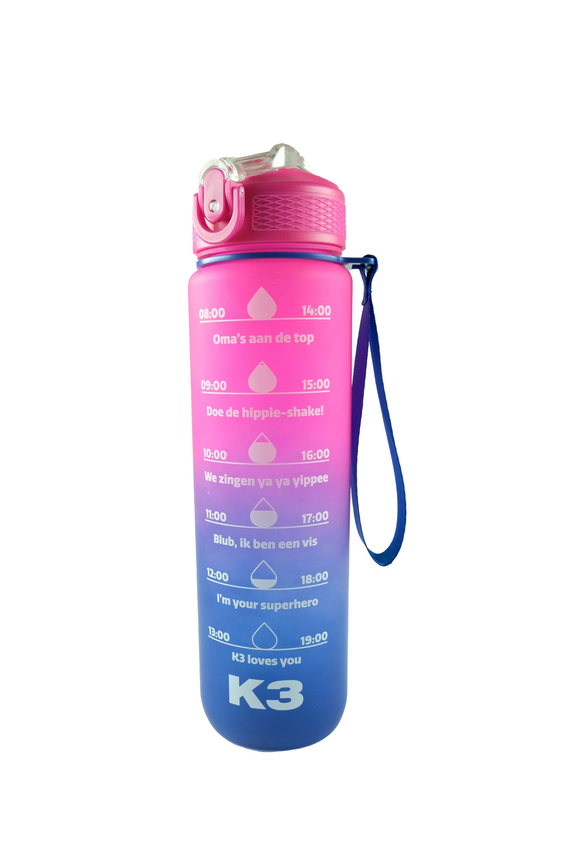 K3 Drinkfles "Motiverend" – 1 liter – Met pakkende titels van de grootste K3-hits